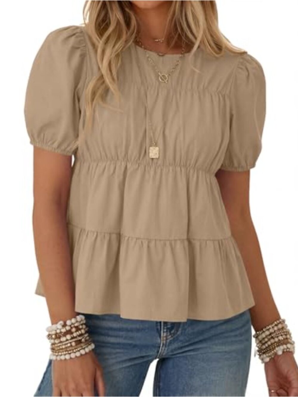 Puff Short Sleeve Babydoll Peplum Pleated Cotton Blouse